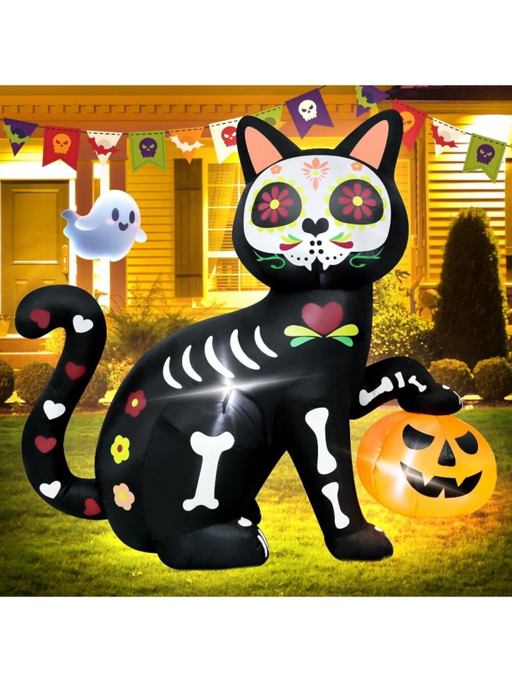 🎃5FT Halloween Inflatable Skeleton Cat Pumpkin Spooky Blow Up Decor for Parties